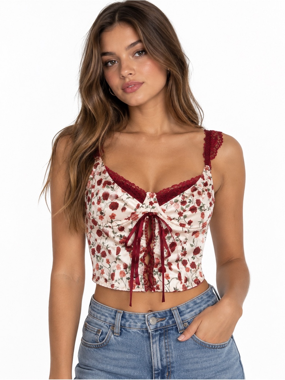ROMWE Cream Rose Floral Corset Top S Coquette Lace Y2K Romantic NWT